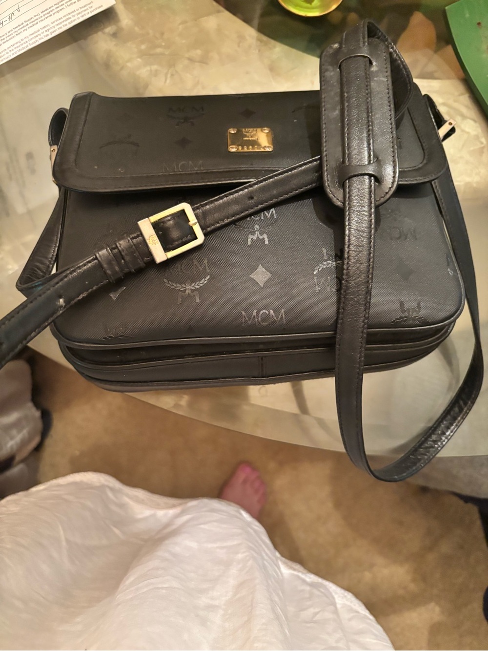 MCM Black Monogram Leather Messenger Bag with Gold Hardware